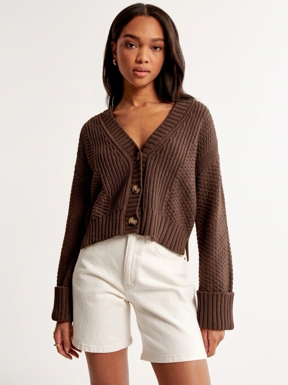 NWT Abercrombie Cameron Seed Stitch Cardigan Chestnut Brown S V-Neck Cropped